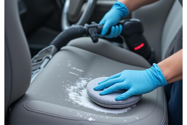 Car interior being deep cleaned by hand