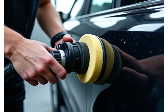 Professional using a polisher on a car's paint