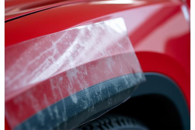 Car fender with nearly invisible paint protection film applied