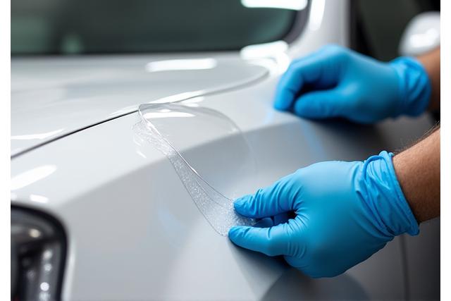 Clear paint protection film being applied to a car's fender